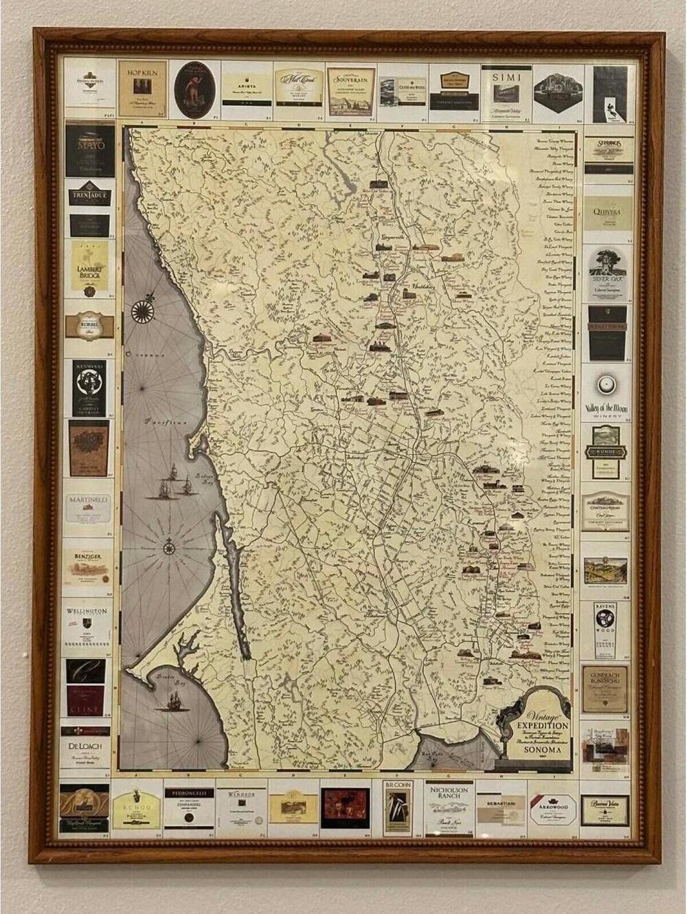 Sonoma County Wine Map Framed Wine Labels Vineyard Art Bar Cellar Decor